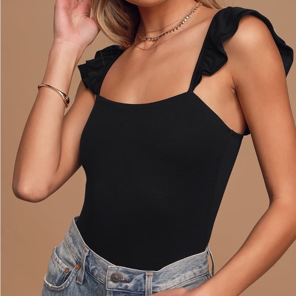Lulus Tops - Lulus Repeat After Me Black Sleeveless Ruffled Bodysuit
